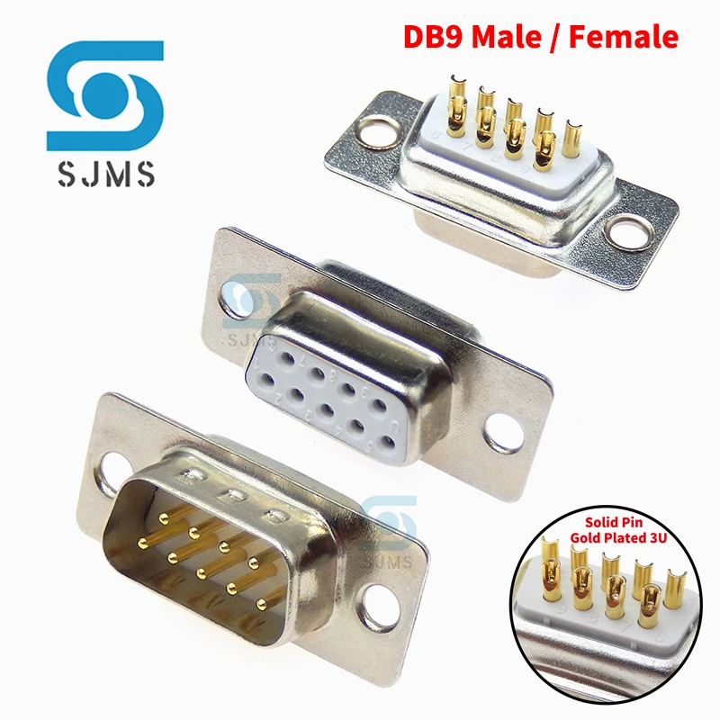 2PCS Gold Plated Solid Pin DB9 D-Sub Connectors Plug jack socket adapter RS232 9 Pin Male Female Mount serial port DP9 Solder