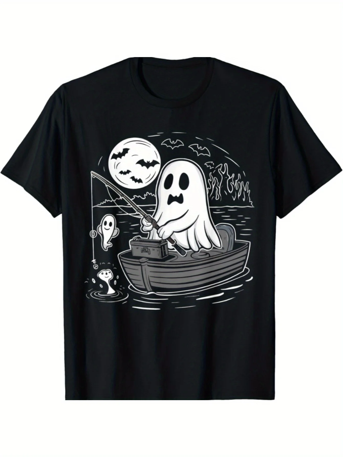 Halloween Fishing Shirt Spooky Ghost Fisherman Fish Boy Men T-Shirt