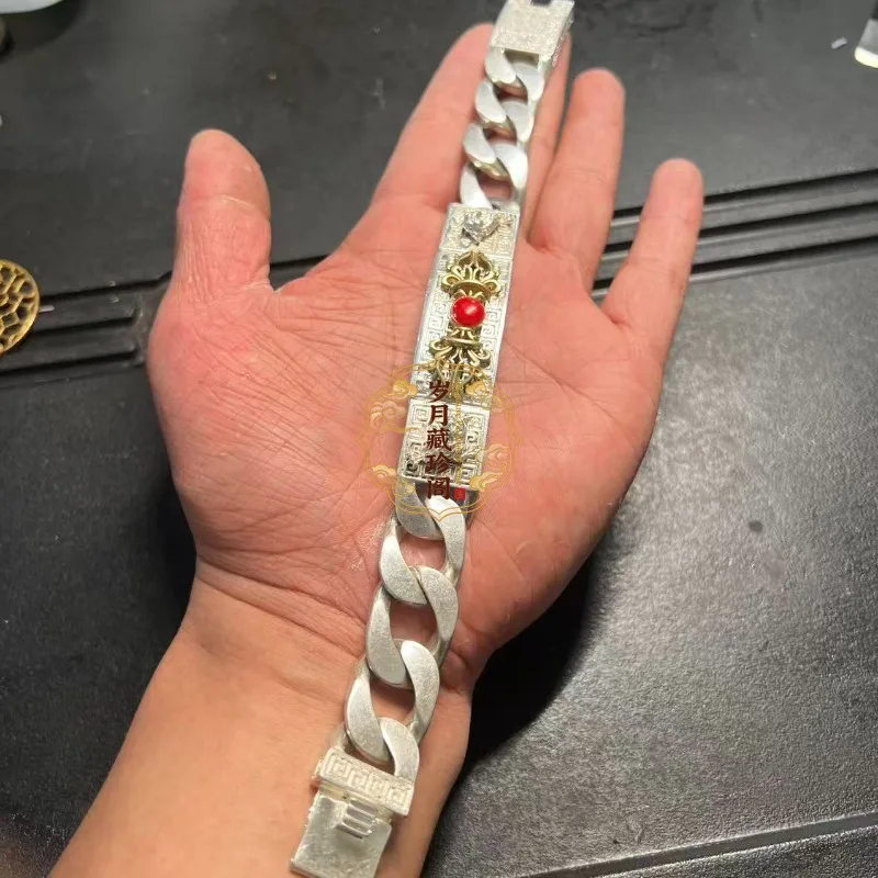 Old Tibetan Silver Chain Bracelet, Traditional Vajra Charm Bangle, Antique Buddhist Ethnic Protection Wrist Ornament