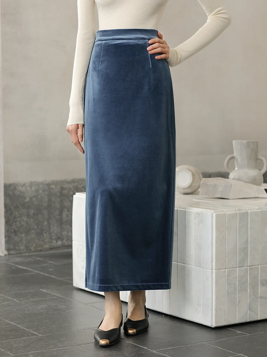 

Ele Blue Velvet Asymmetrical Hem Skirt Women's Autumn Winter High Waist Midi Skirt Chinese National Sle Hanfu Skirt