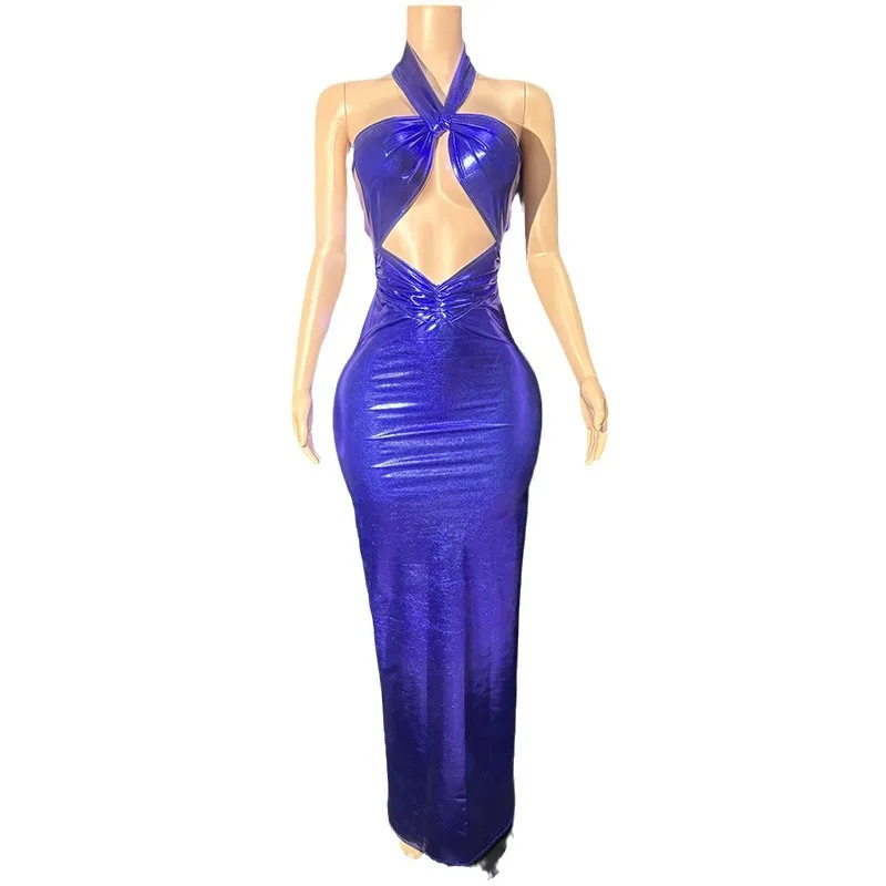 คอสีม่วง Slim Temperament วันหยุดริมทะเลชุดเปลือย Star สีแดงพรม Catwalk นักร้องเทศกาลดนตรี Mini Vestido เซ็กซี่ร้อน