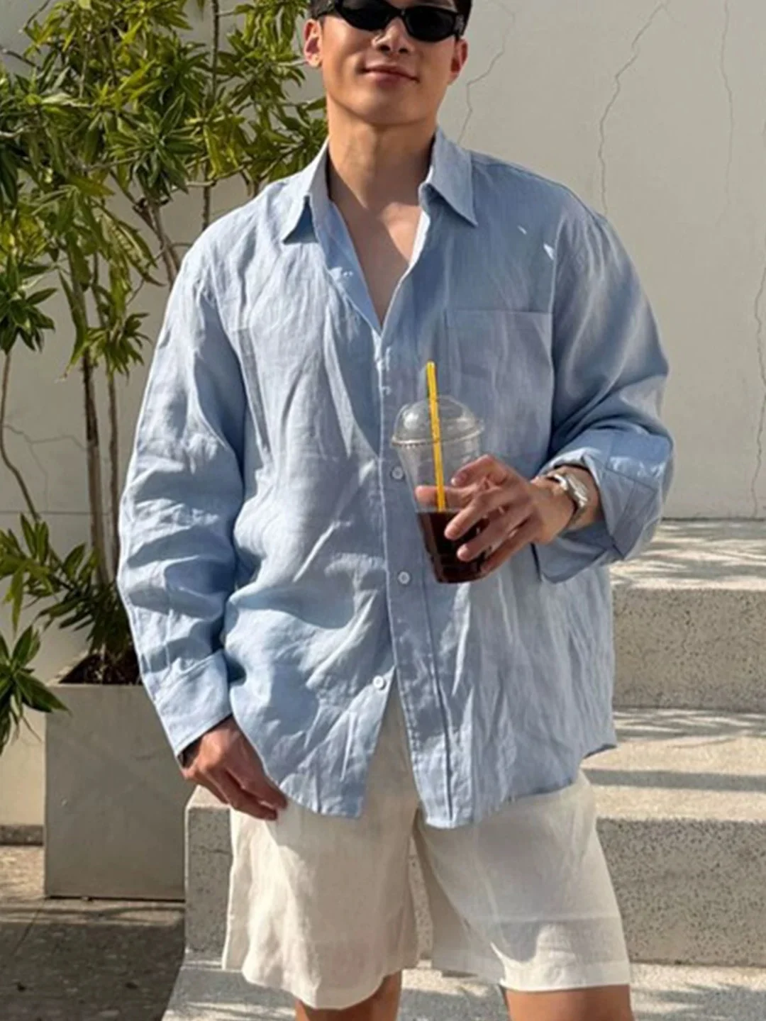 American Vintage Washed Cotton Linen Men's Loose Long Sleeve Shirt with Pocket Trendy Youth Poplin Shirt Sun Protection