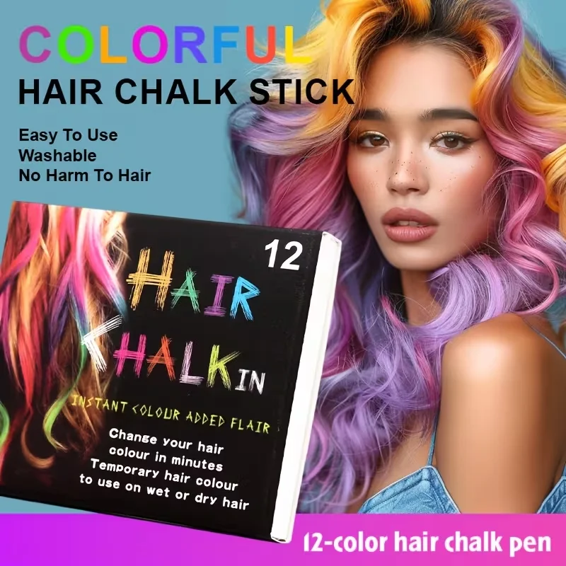 A set of 12 vibrant temporary hair chalks—perfect for instant hair coloring at events like parties,cosplay, and music festivals.