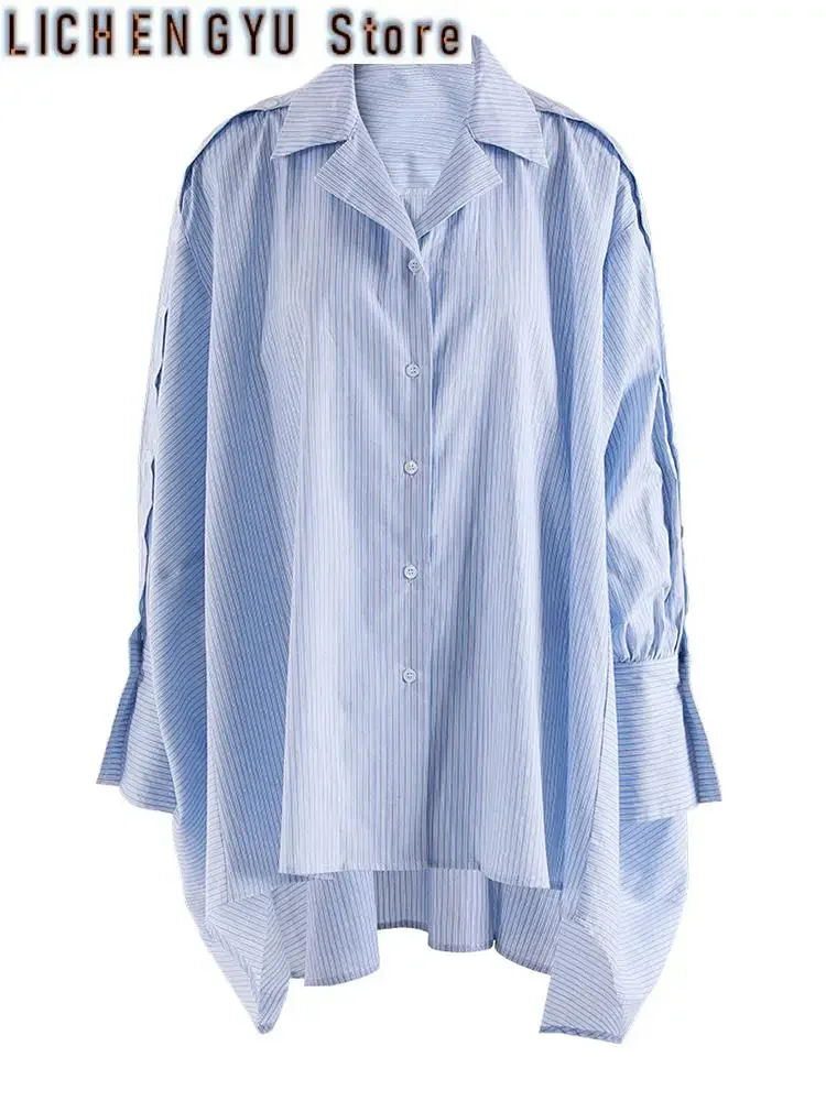

Women Blue Striped Button Two Ways Wear Big Size Blouse New Lapel Long Sleeve Shirt Fashion Tide Spring Autumn