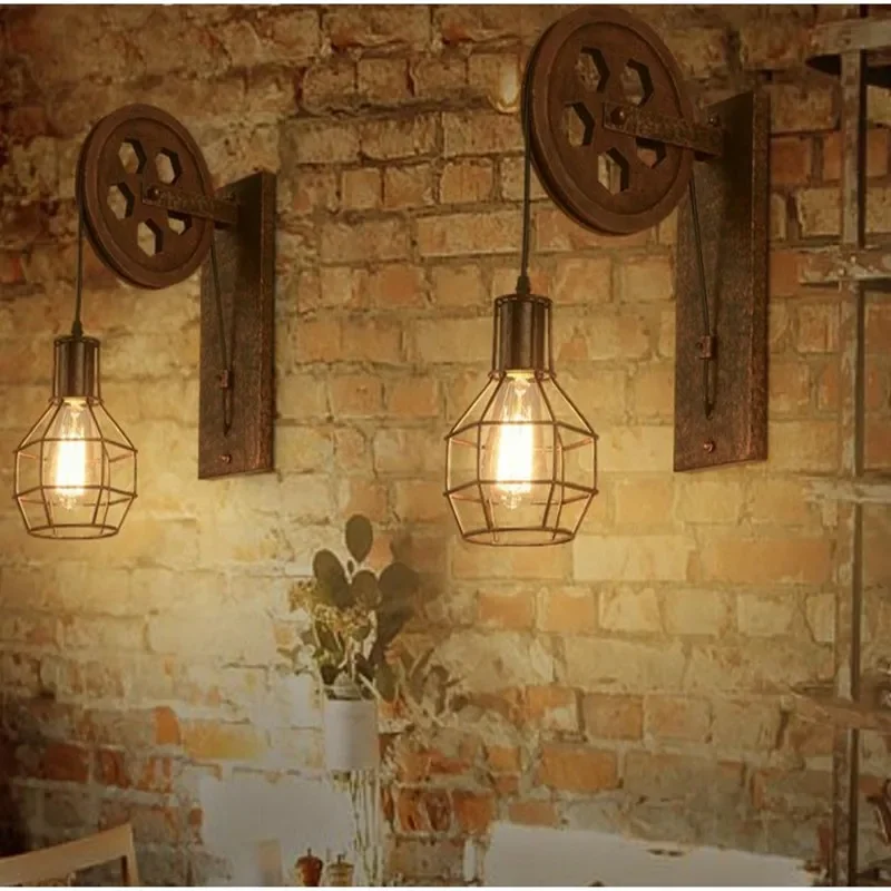 

Adjustable Led Wall Lamp Retro Wall Lamp Shade Ceiling Pulley Industrial Fixed Iron Loft Cafe Bar Sconces Interior Lighting