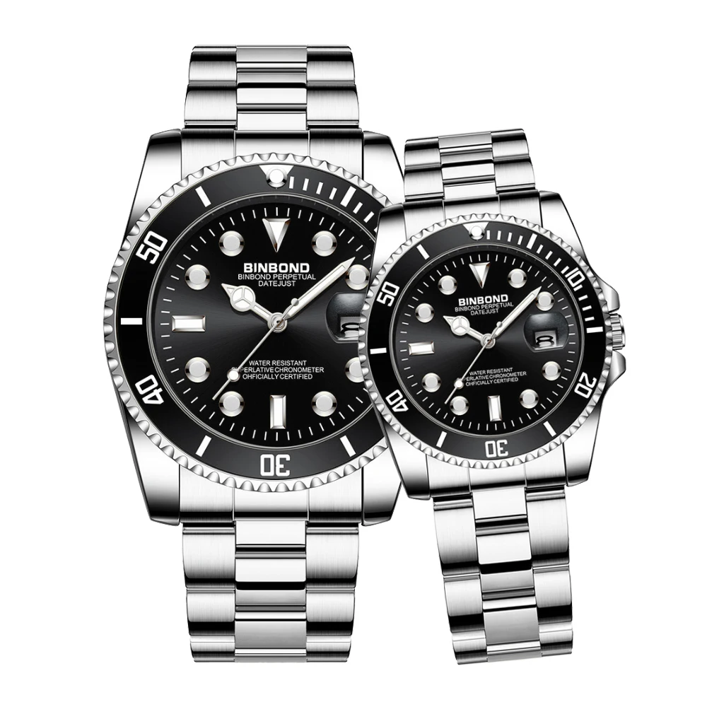 BINBOND Couple Watches 2pcs Trend Fashion Original Quartz Watch for Lover Classic Log Dial Waterproof Stainless Steel Luminous