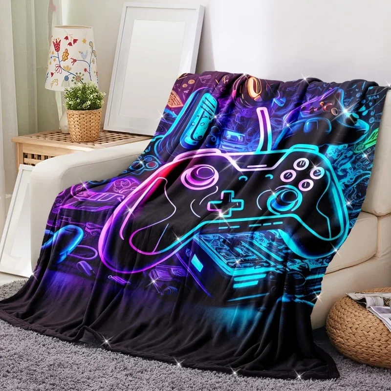 Newest Blanket Neon Game Controller Print Flannel Blanket Gaming Theme Soft Warm Teen Bedroom Throw Blanket