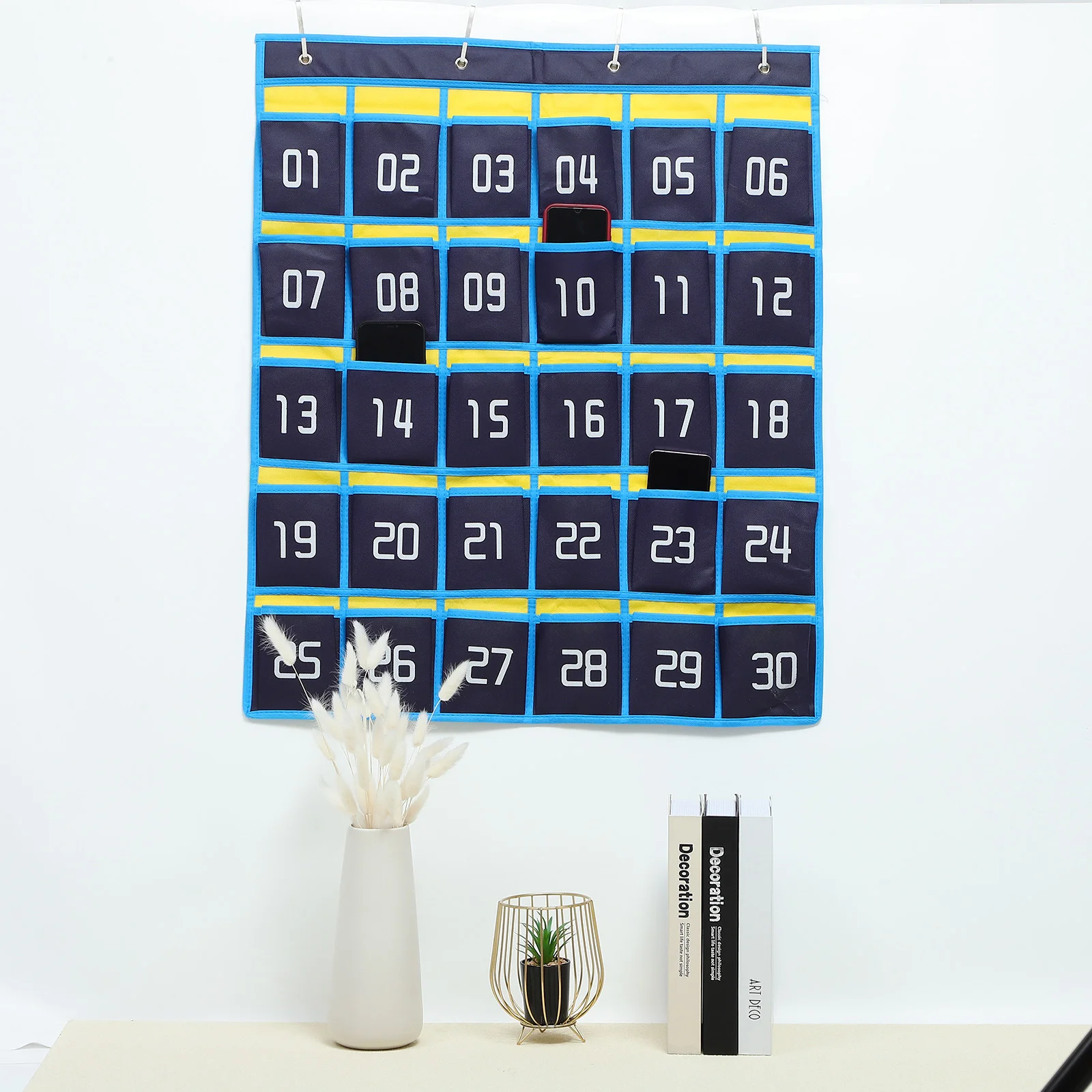 Blue and Yellow Classic Model 30 Grids + 4 Hooks Calculator Holder Classroom Phone Hanging Pocket Chart for Wall Jewelry Tray