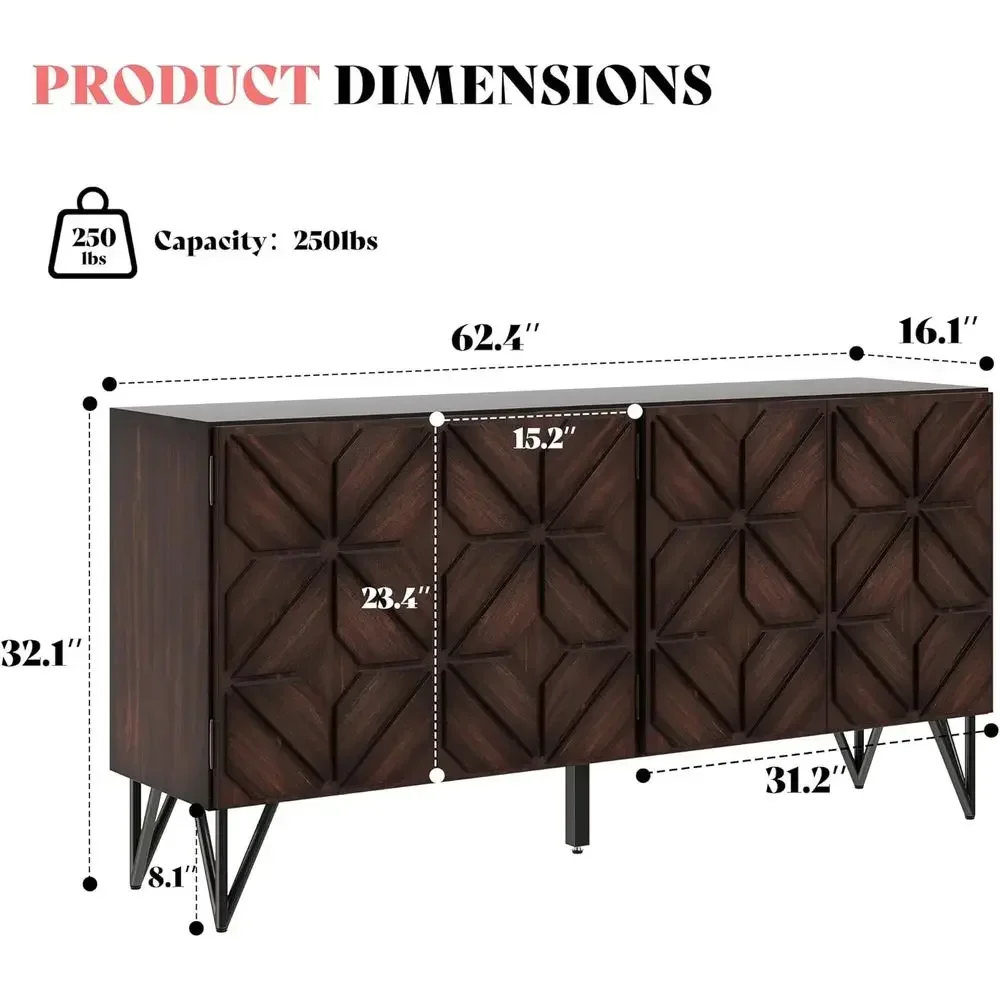 63” Solid Acacia Wood Sideboard Buet Cabinet, Hand-Carved Geometric Door ole with Adjustable Shelves or Hallway, Living Room or