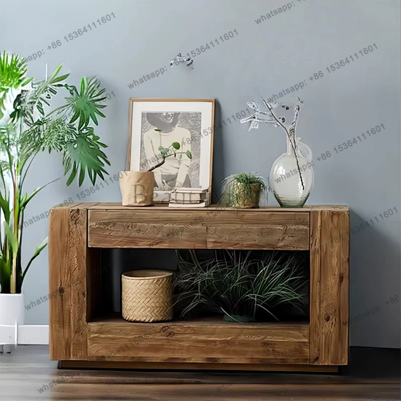 Retro porch table old pine decorative chest cabinet Nordic style strip case storage rack