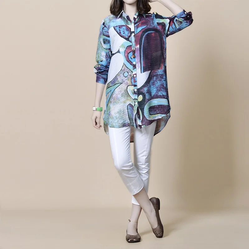 

Женская блузка свободного кроя с длинным рукавом в корейском стиле, с абстрактным принтом, из шифона, дышащая, приятная к телу, средней длины, для ранней весны