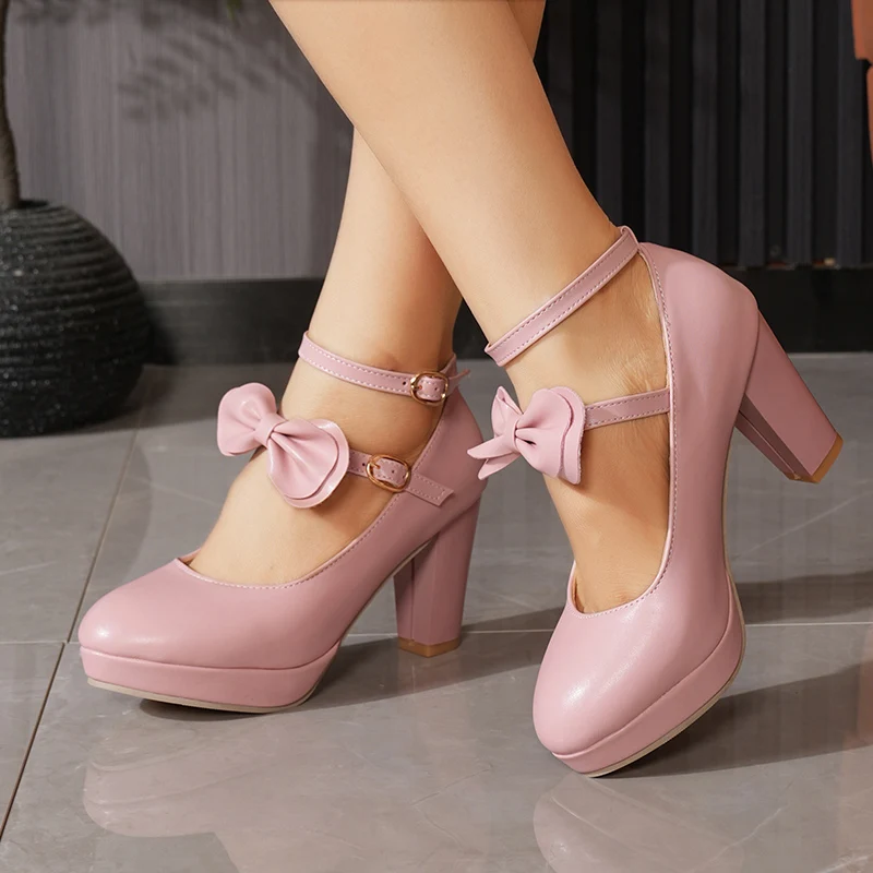 Women Sexy Mary Janes Pumps Round Toe Block Heels 9cm Platform Bowknot Plus Big Size 46 47 48 Fashion Dating Wedding Party Shoes
