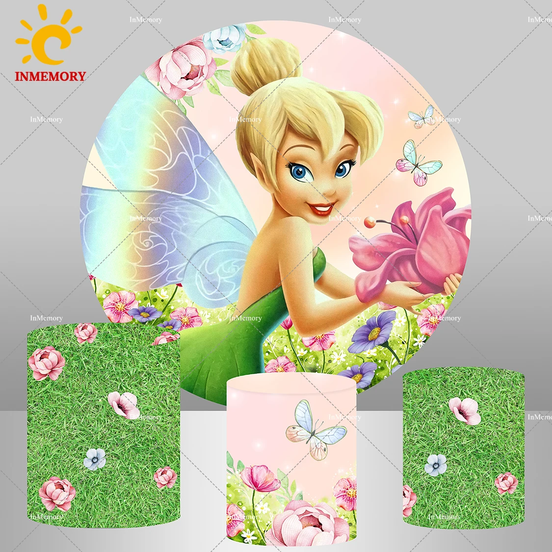 Fairy Princess tinkerbell Circle Round Backdrop Cover for Little Girl Birthday Party Decor Green Grass Background Pedestal Cover