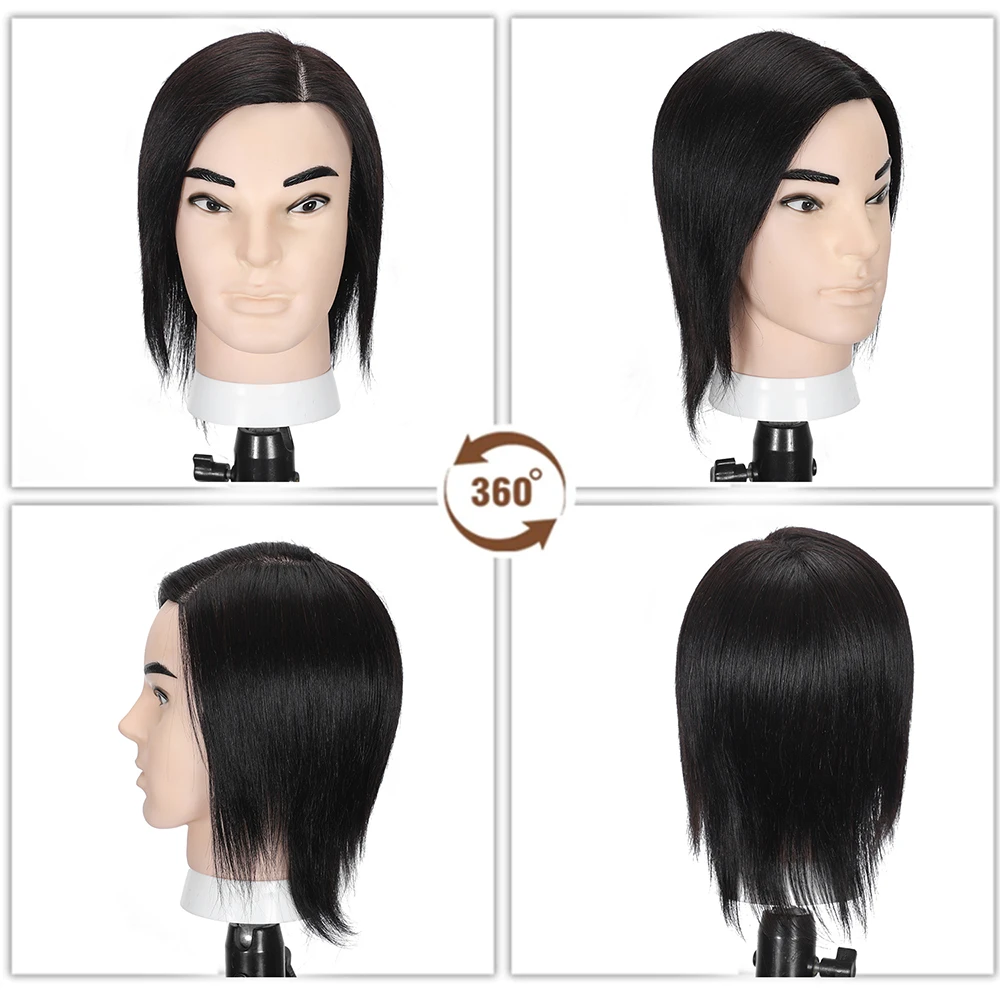 Male Mannequin Head, 8 Inch Training Head with 100% Human Hair, Straight Style, for Hair Styling and Practicing Cut