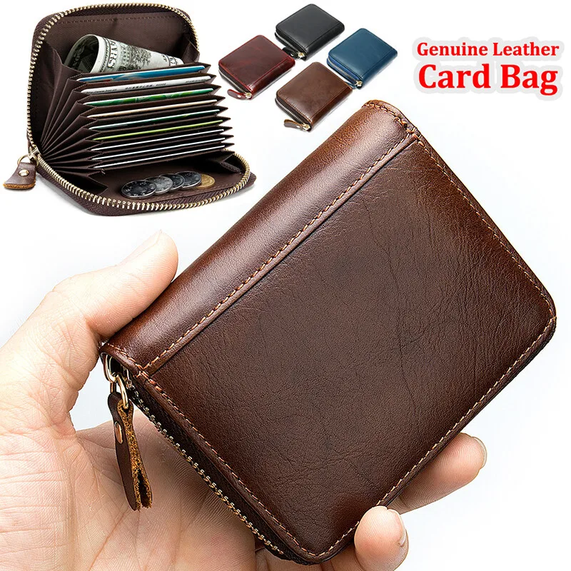 NEW Genuine Leather Card Holder Zipper Short ID Credit Card RFID Blocking Slim Mini Wallet Organ Cardbag