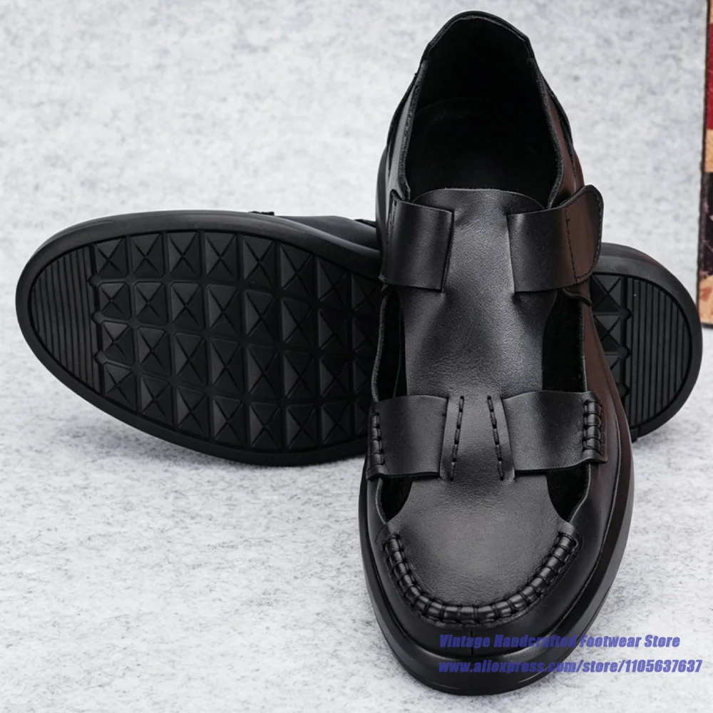 Black Leather Hollow Out Sandals Thick-Soled Non-Slip Breathable Leather Shoes Outdoor Beach Shoes Summer Men's Shoes