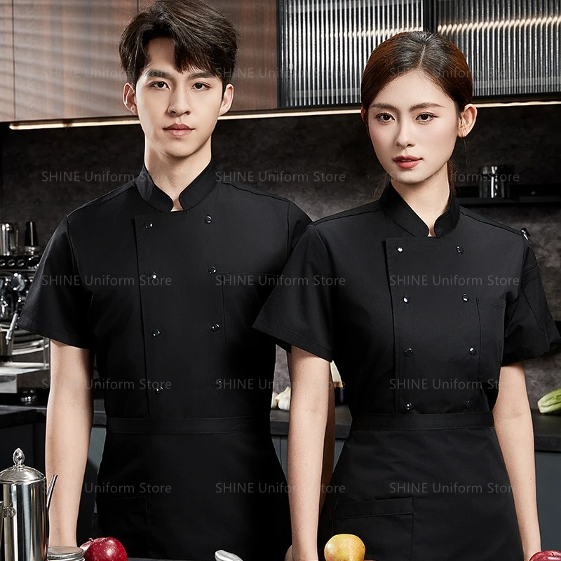 Uniforme de Chef de restaurante de manga corta, chaqueta de Chef de malla transpirable para hombre con delantal, abrigo de Chef de cocina, ropa de trabajo negra para mujer con logo