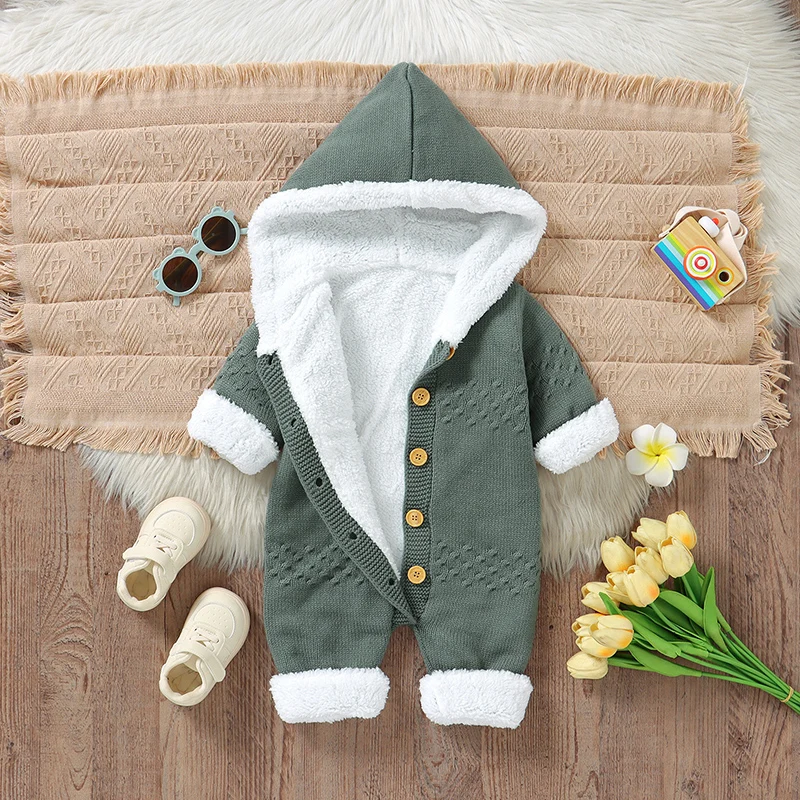 

Детский комбинезон, модная детская одежда с капюшоном, зимний вязаный комбинезон с длинными рукавами и флисовой подкладкой для новорожденных девочек и мальчиков, комбинезоны 0-18 месяцев