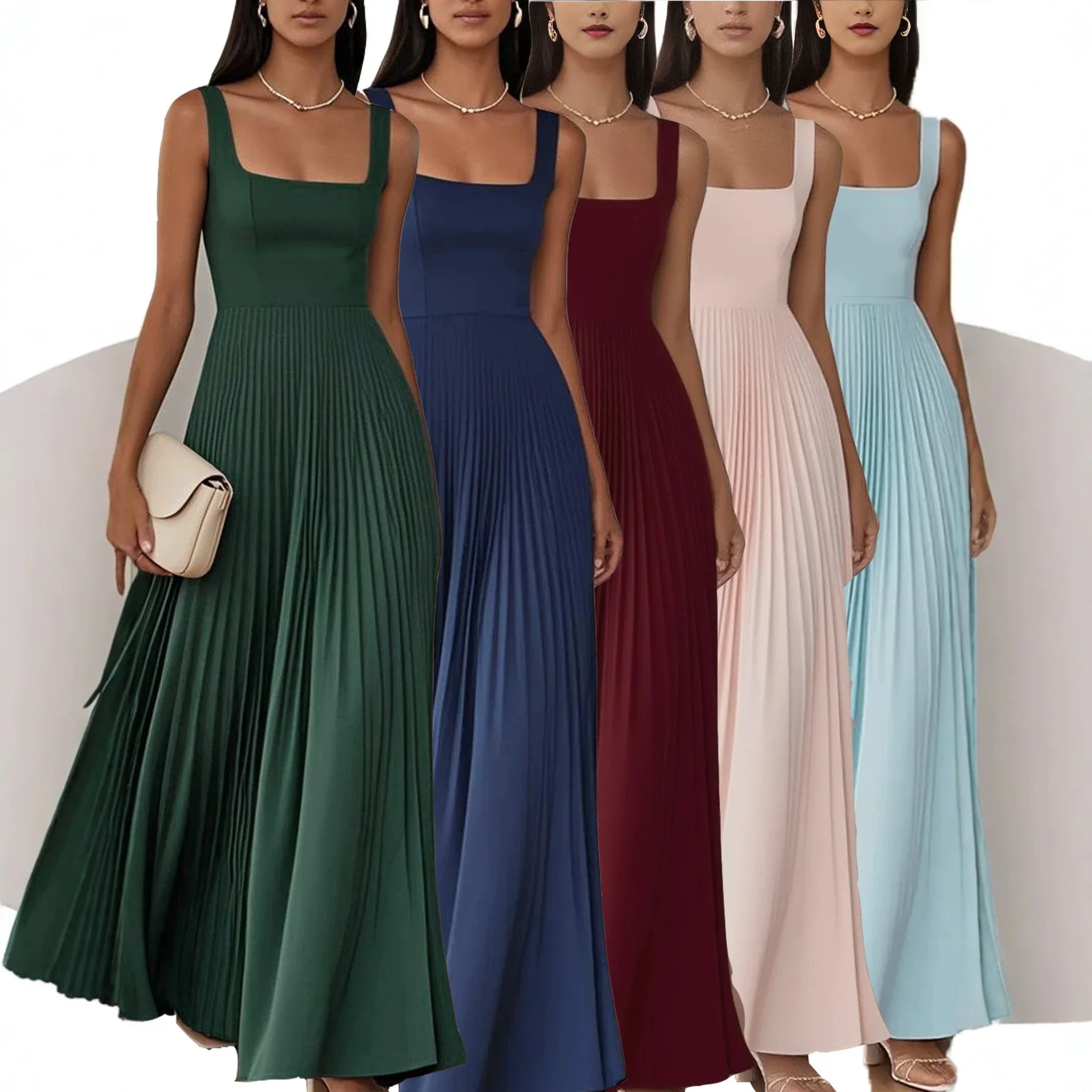 New Summer Evening Dress for Women French Retro Square Neck Spaghetti Strap Dress Vestidos De Fiesta