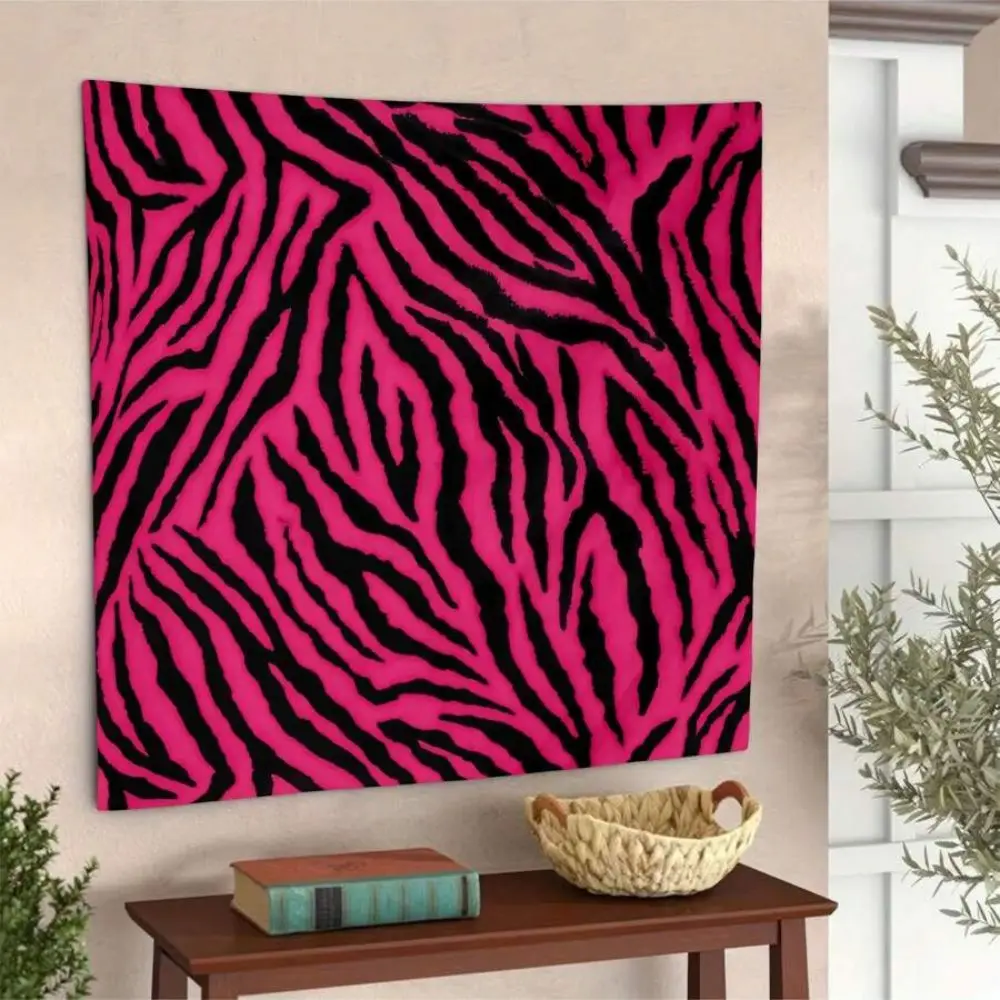 VIKAMA Polyester Zebra Print Tapestry Wall Hanging Decor  Room Accent Vibrant Pink Black Design For Living Bedroom