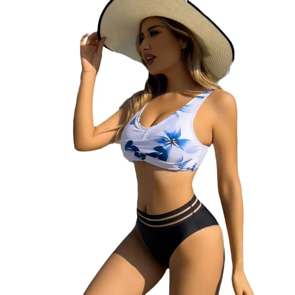 Bañador con abertura para mujer, braguitas huecas estampadas, playa, playa, verano, ajustado, sin mangas, cintura alta, temperamento, Sexy