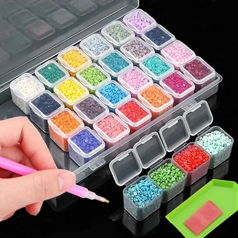 Boîte de rangement en plastique détachable 28/56 compartiments avec étiquettes autocollantes pour bijoux, accessoires de nail art et de diamond painting