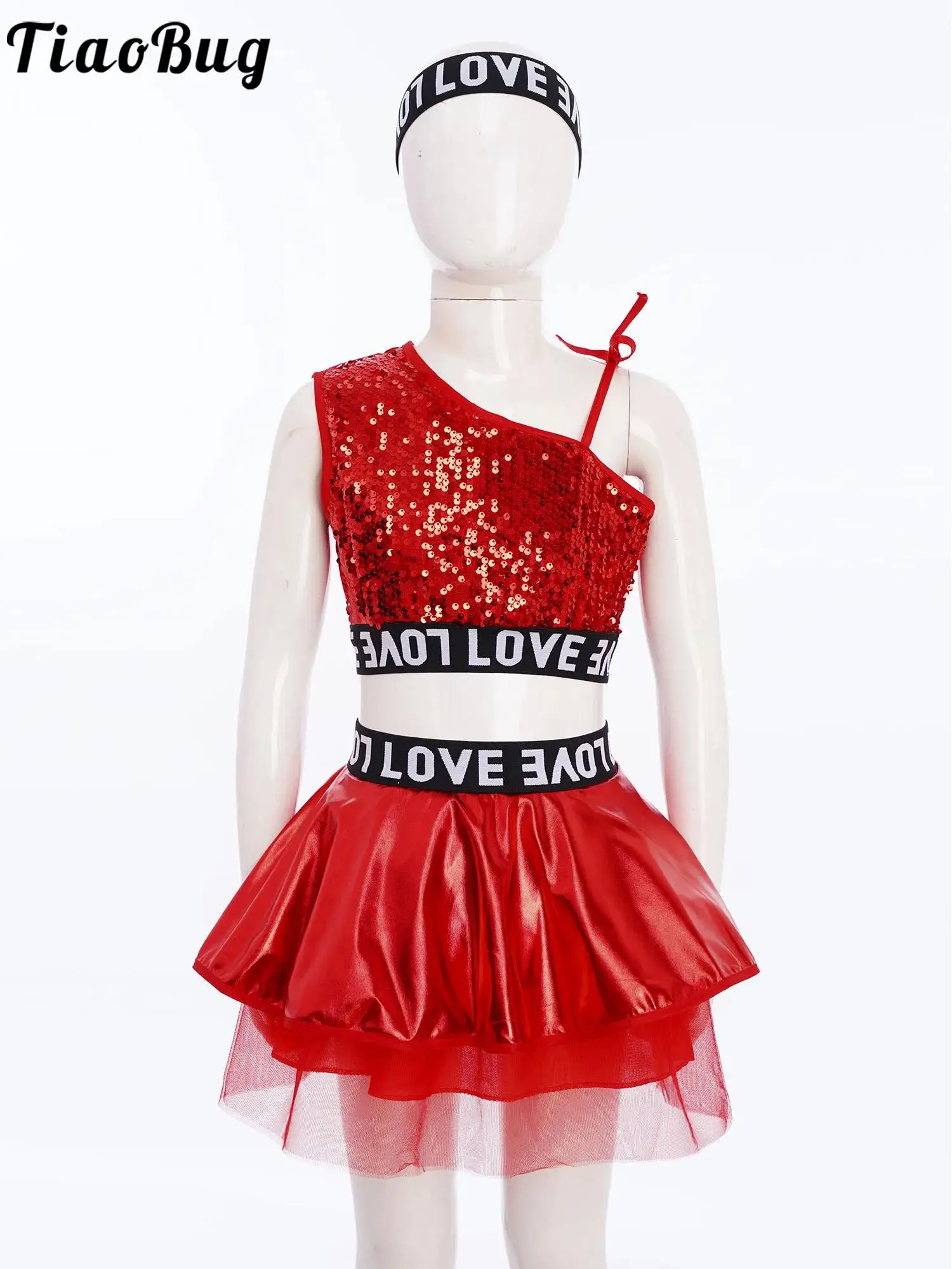 أطفال بنات الهيب هوب ملابس رقص الجاز أطقم ملابس الرقص الحديثة كتف واحد بلا أكمام الترتر سترة مع لامعة توتو تنورة هيرباند