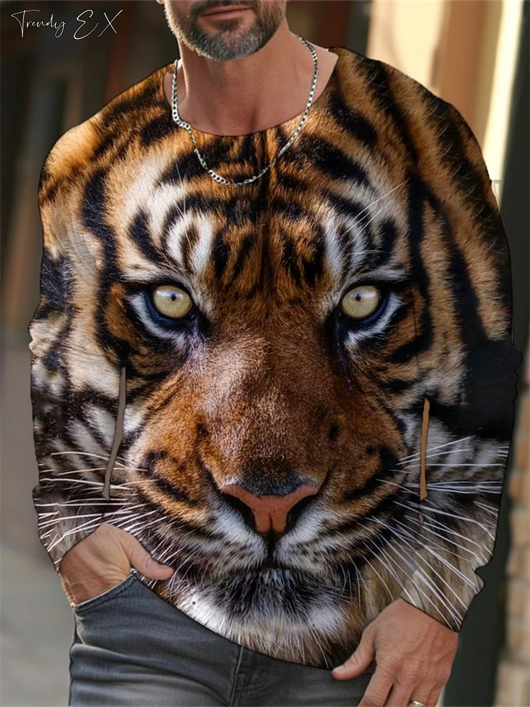 Men\'s T-Shirts 3D Tiger Print Streetwear Harajuku Fashion O-Neck Graphic T Shirts Tops Casual Sport Long Sleeve Gym Clothing Men