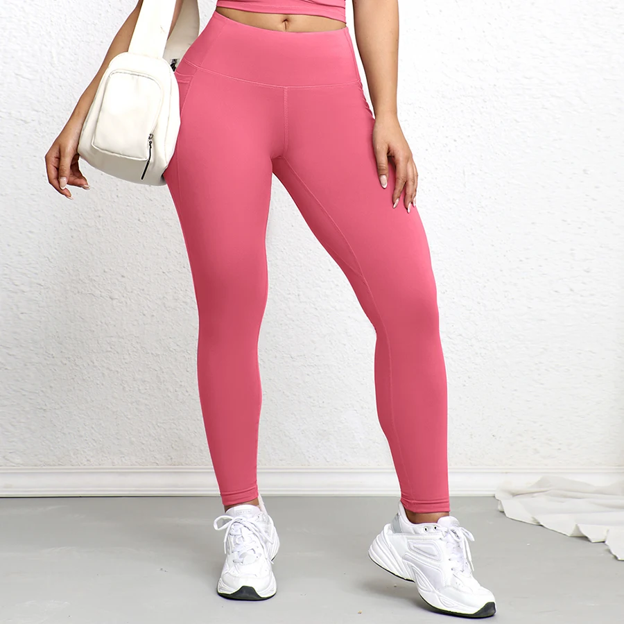 Women Leggings with Double Pockets Solid Color High Waist Butt Lifting Workout Tights Slim Elastic Pants Casual Wear