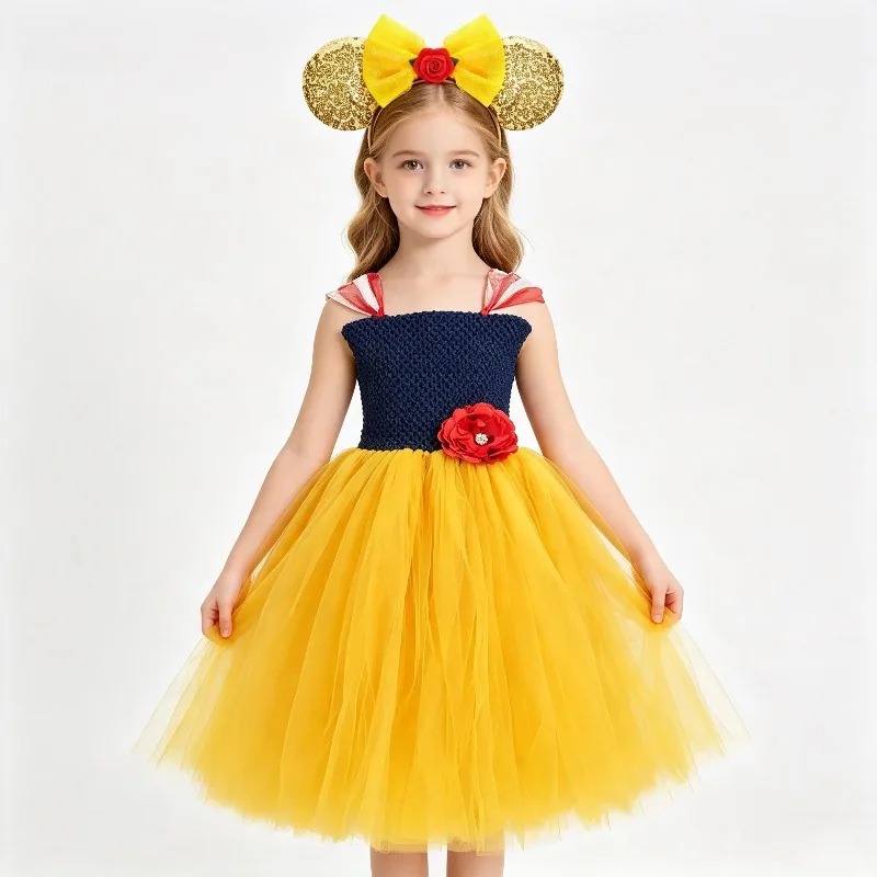 Christmas Girls Red&Yellow Long Princess Tulle Dress Kids Fluffy Gown New Year Party Outfit With Cute Bow Hairband Accessory Set