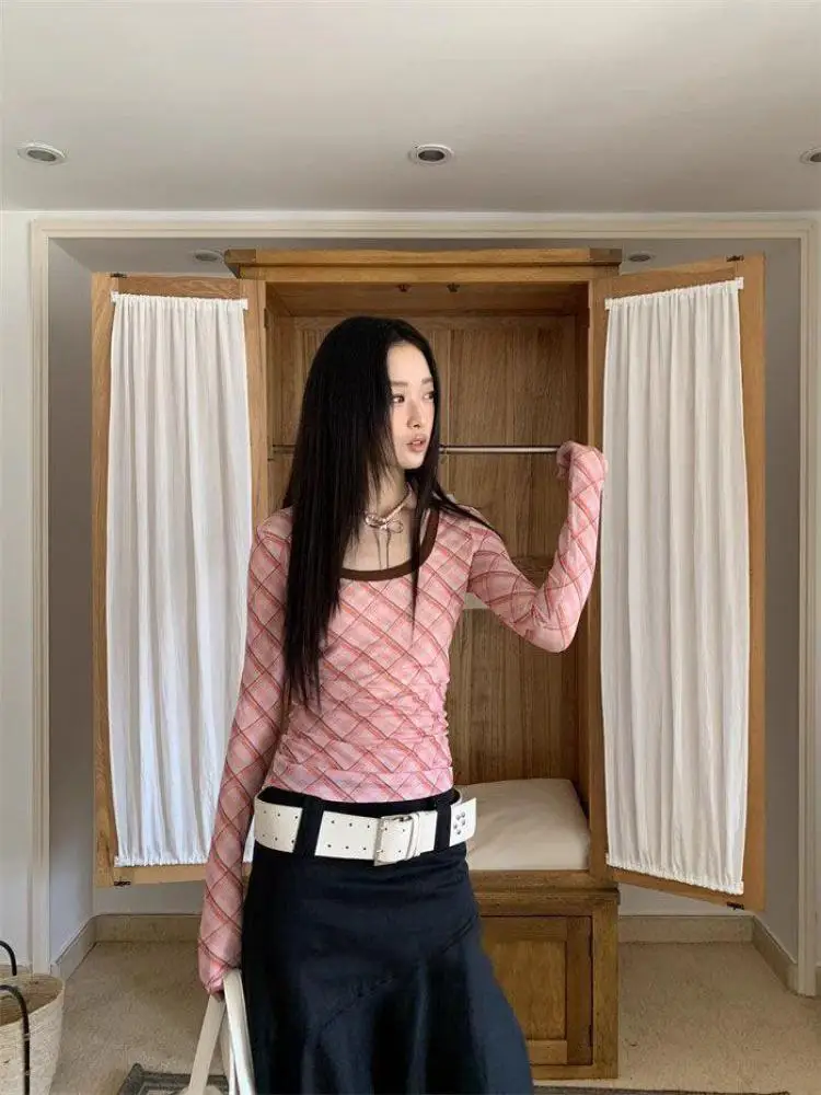 Tonngirls Vintage Plaid T Shirt Women Skinny Tee Tops Streetwear American Retro 90s Crop Tops See Through Tshirts Female Chic