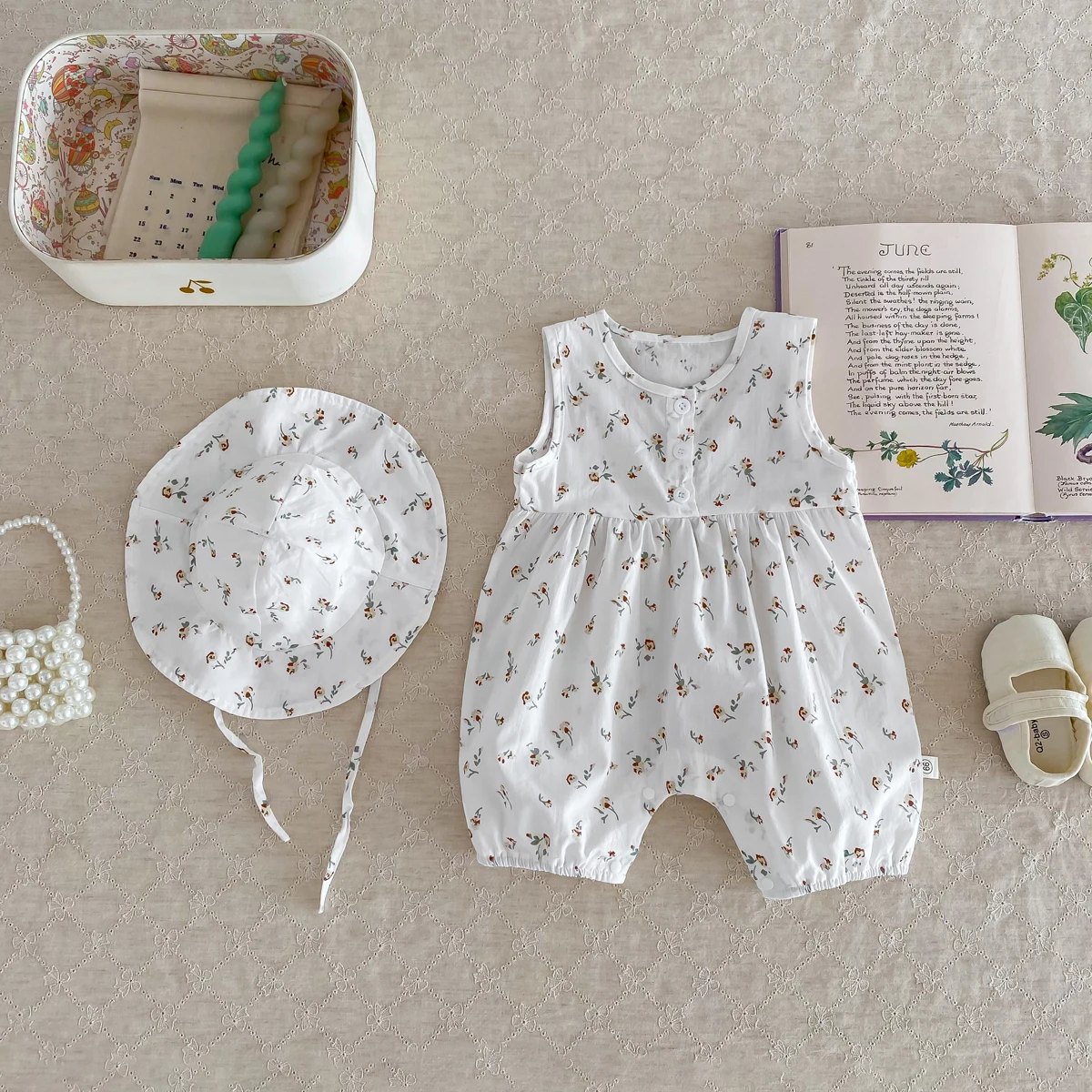 baby girl summer thin floral sleeveless jumpsuit, baby girl summer plaid sleeveless jumpsuit delivery hat, very suitable for tra 3