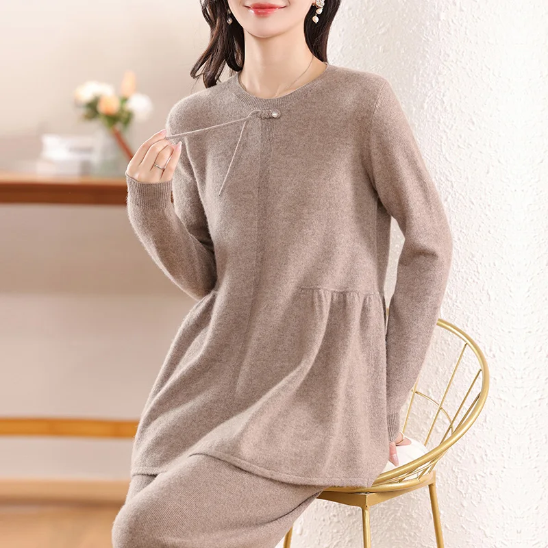 Fashion 100% Merino Wool Sweater O-neck Long-sleeved Loose Pullover Spring Autumn Winter Clothing Elegant Solid Color Knit Top