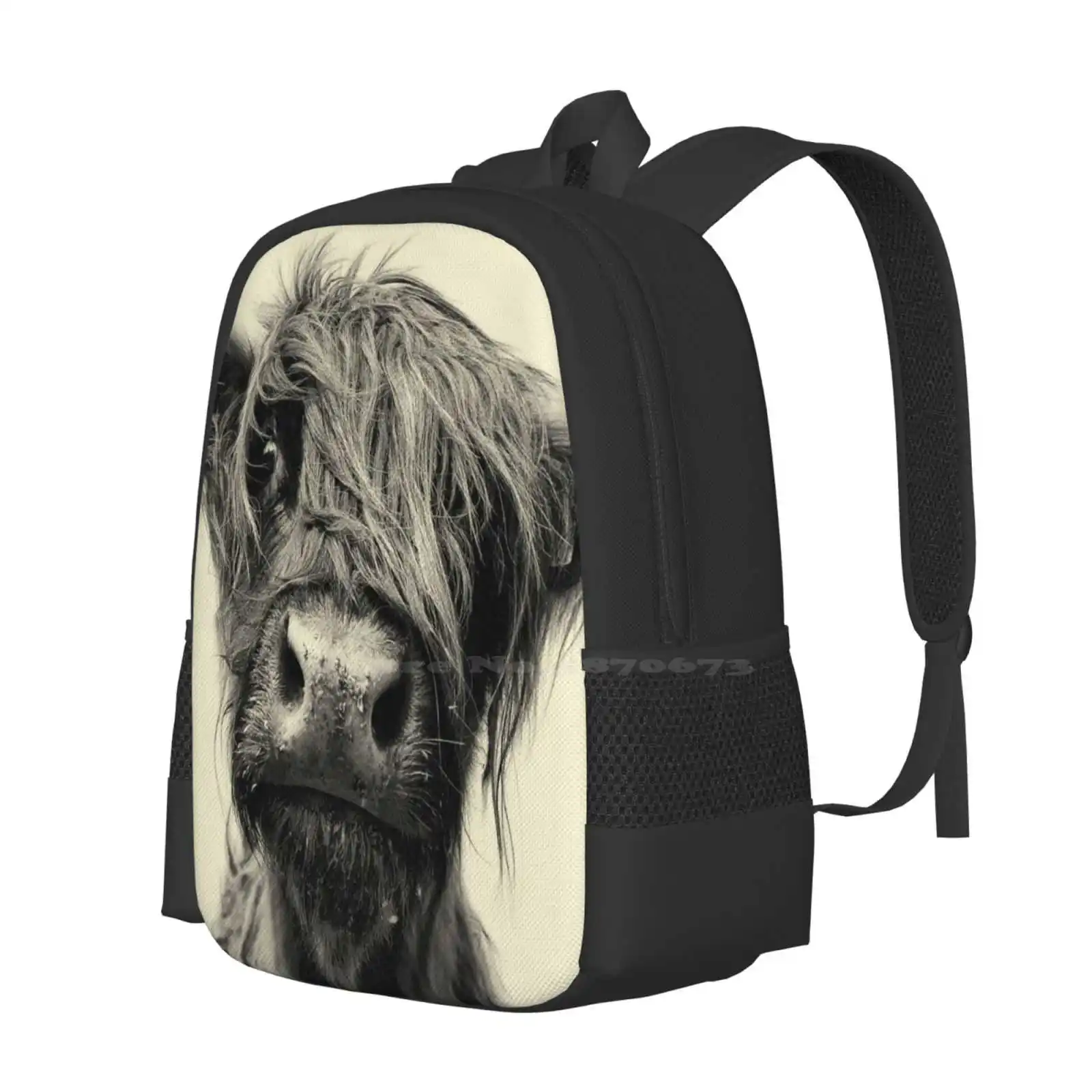 Highland Cow Hot Sale Backpack Fashion Bags Hairy Coo Cow Highland Cattle Hebrides Scotland Monochrome Paul Alsop Haircut Emo