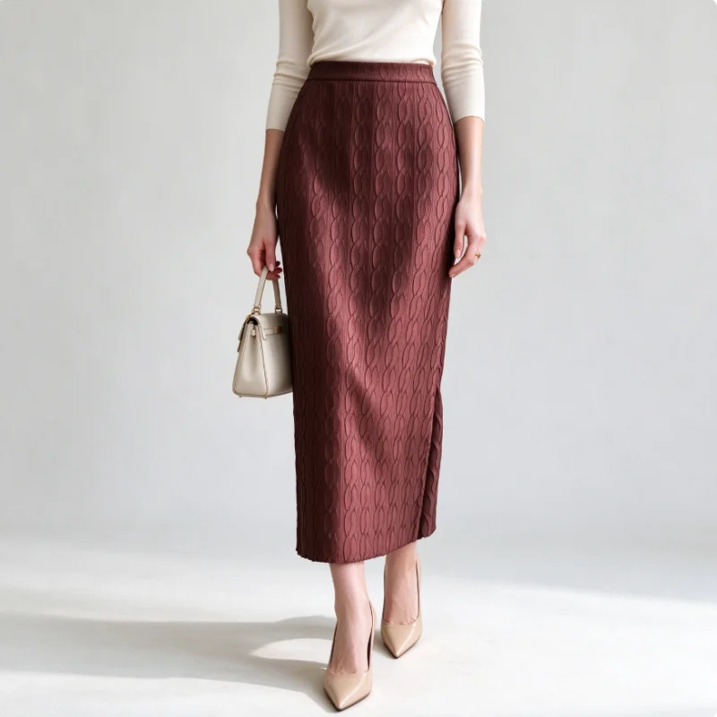 Miyake Pleated Women Brown Textured Straight Skirt, High Waist Pencil Skirt, Elegant Midi Skirt