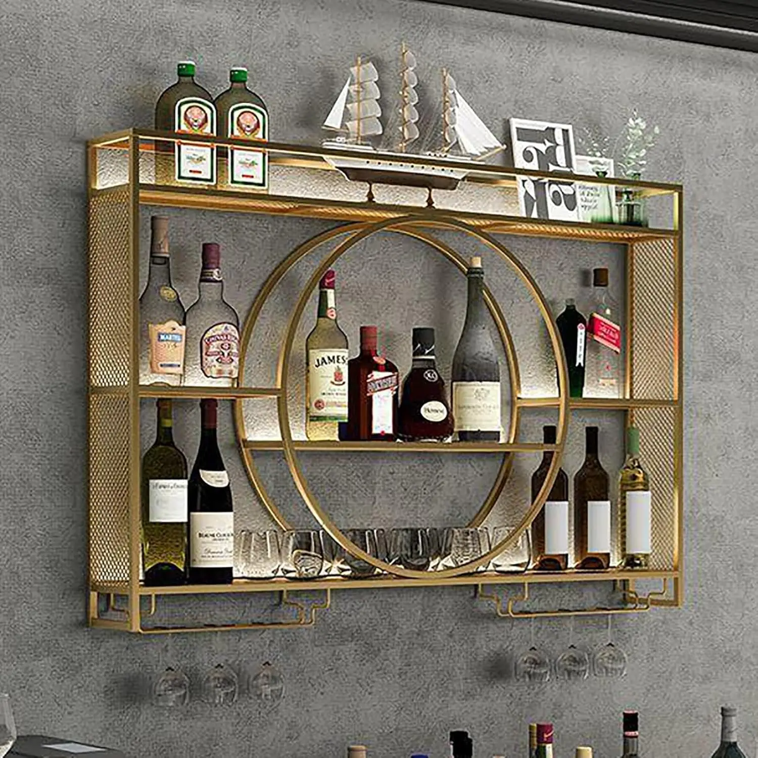 ชั้นวางไวน์ติดผนังแบบ LED ชั้นวางแก้วไวน์, ชั้นวางโลหะแบบลอยสำหรับบาร์, ชั้นวางโชว์ขวดบาร์, ที่แขวนแก้วไวน์