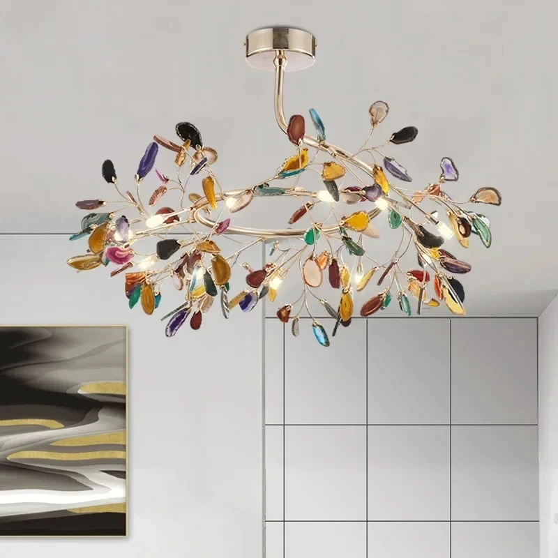 

Modern colored agate LED chandelier romantic leaf shaped chandelier Nordic firefly chandelier living room decorative chandelier