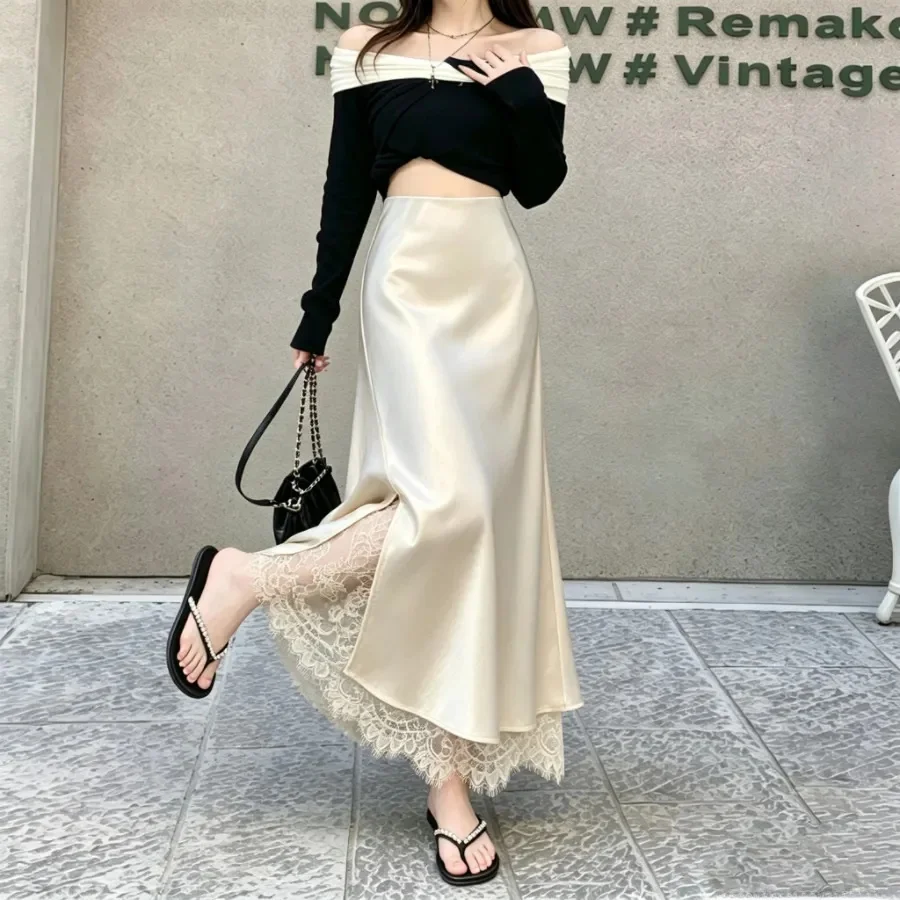 Elegant High Waist Fish Tail Skirt Women's Lace Splice Split Slimming Half Skirt Breathable Skin-Friendly Fitted Youth