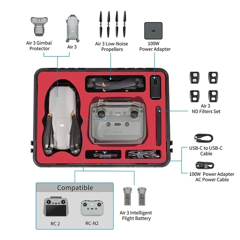 Tas pembawa tahan Air untuk Air 3 cangkang keras kotak penyimpanan koper untuk DJI Air 3 RC 2/RC N2 pengendali jarak jauh aksesoris Drone