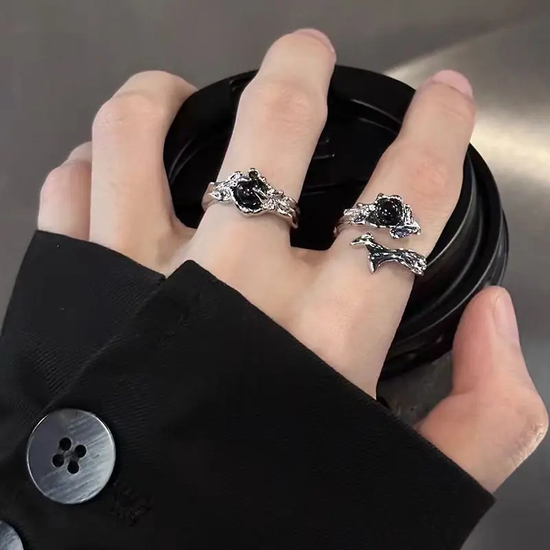 Gothic Irregular Gemstone Ring Aesthetic Girls Adjustable Black Stone Ring Women's Liquid Punk Ring Vintage Jewelry Accessories