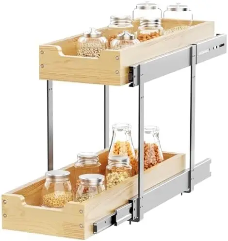 

Wood Pull Out Cabinet Organizer 2 Tie 9" W x 21" D, Heavy-Duty Sliding Drawers for Inside Cabinets Storage and Organization f