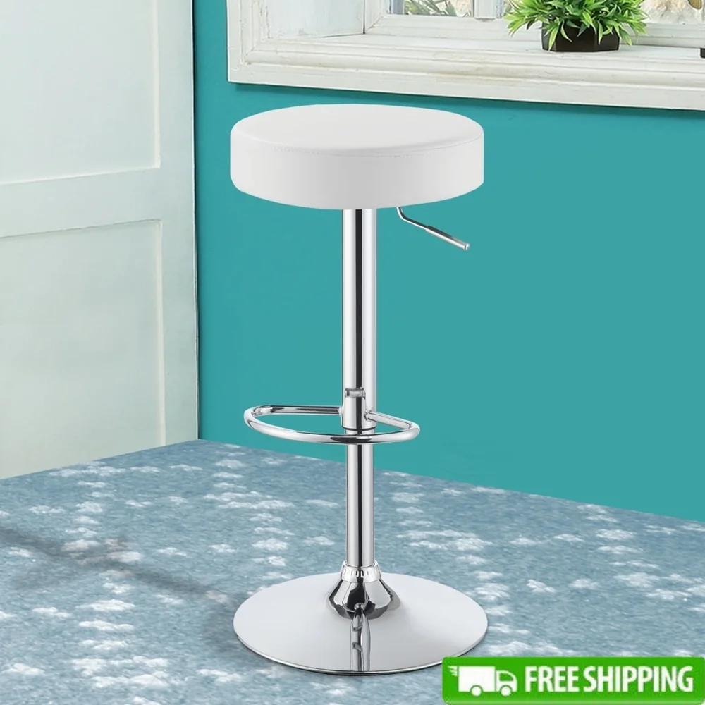 

Adjustable Backless Bar Stool White Faux Leather Chrome Metal Footrest Kitchen Dining Room Furniture 360 Degree Swivel