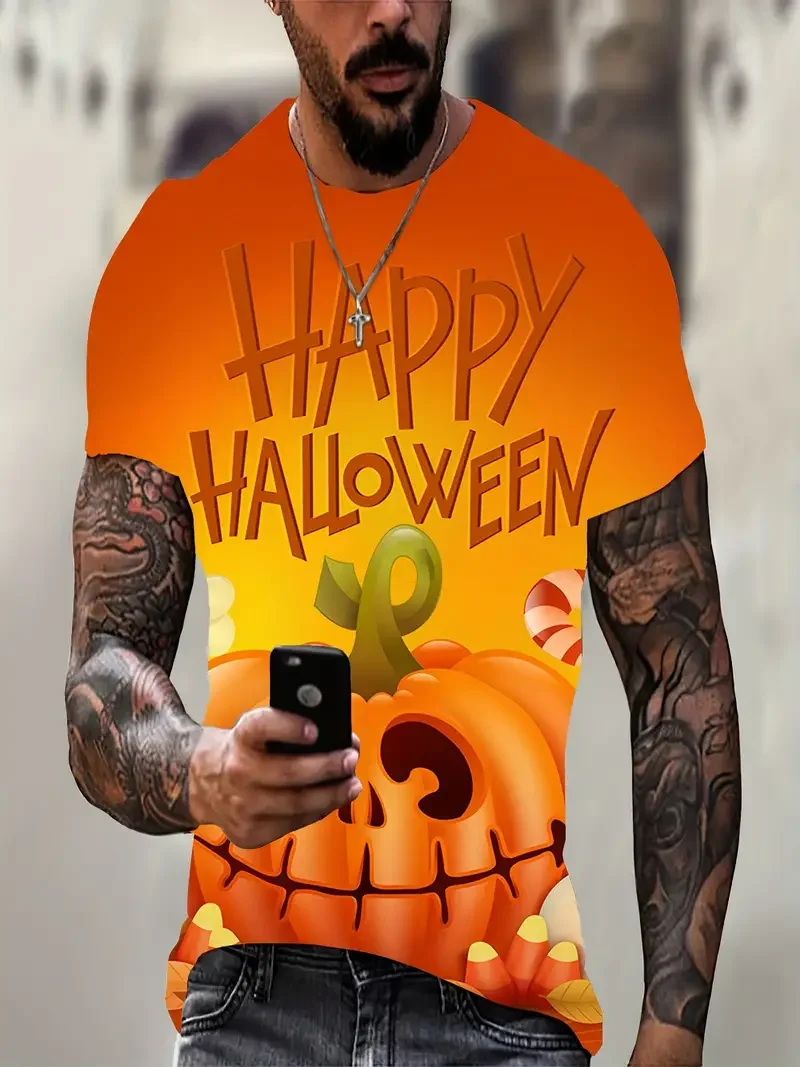 

Summer Fashion Best Selling Pumpkin Shape Pattern T-shirt Men's New Trendy 3D Printed Halloween Clothes Short Sleeve T-shirt