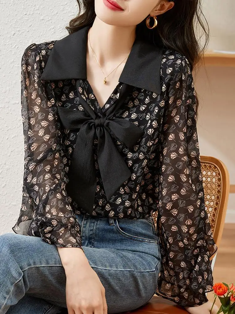 

Elegant Floral Print Long Sleeve Women's Shirt Top Geometric Pattern Butterfly Knot Splice Casual Fashion TT988