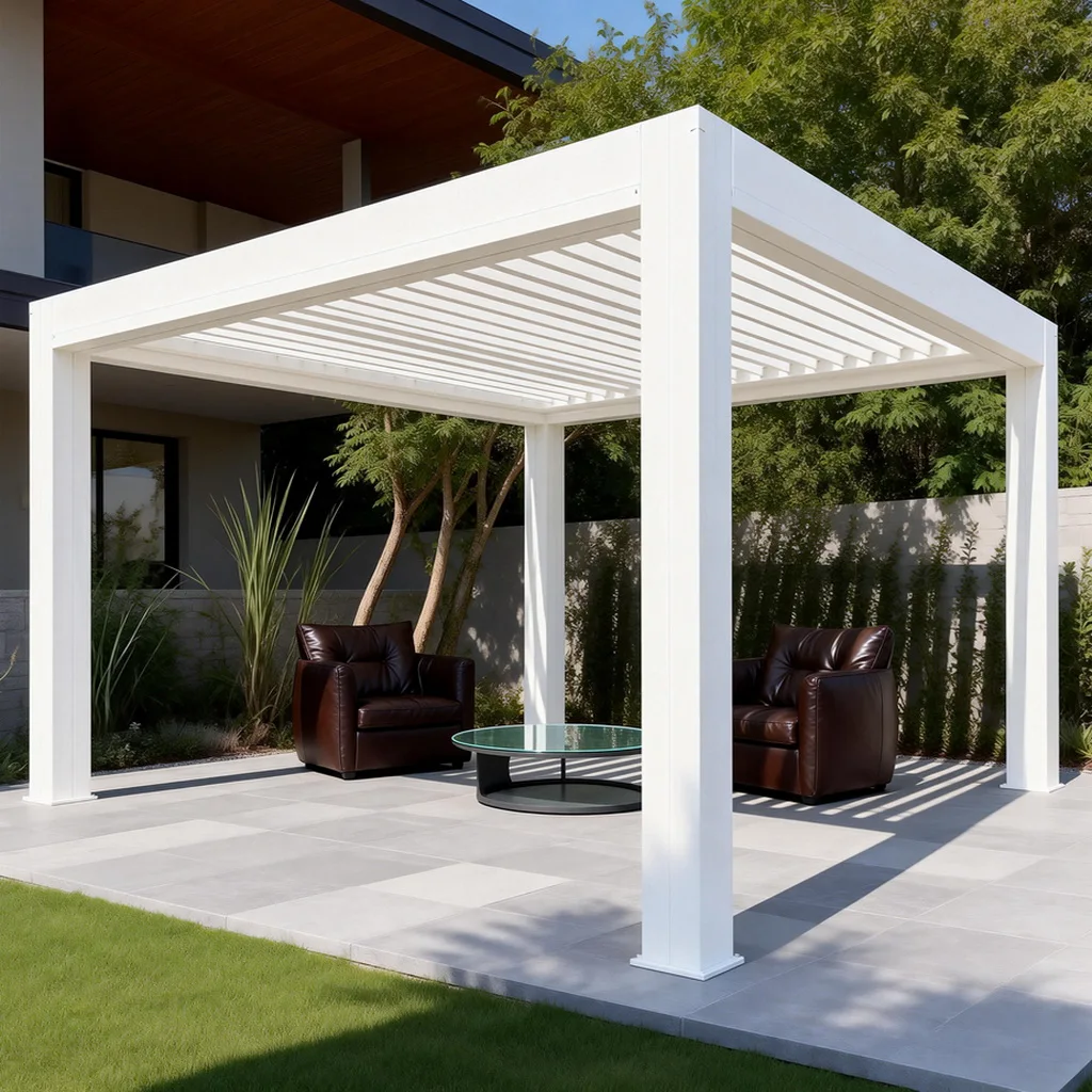 European Style Outdoor Retractable Roof Louvre Automatic Motorized Shade Screen Pergola Rain Sensor Pressure Powder Coated
