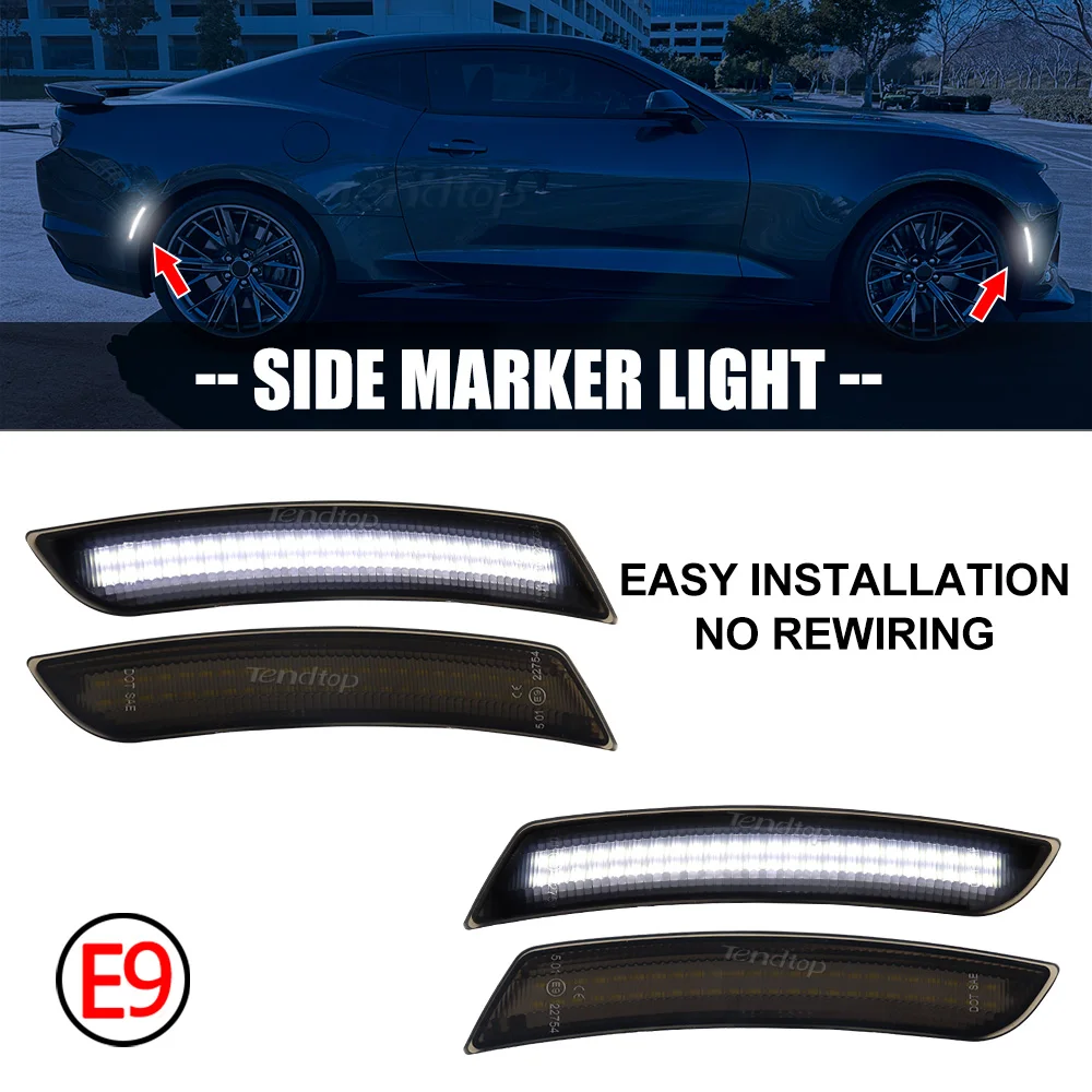 White Lights LED Side Marker Front Rear Bumper Light  Flashing  Mirror Turn Signal Lamp Indicator for Chevy Camaro 2016-2023