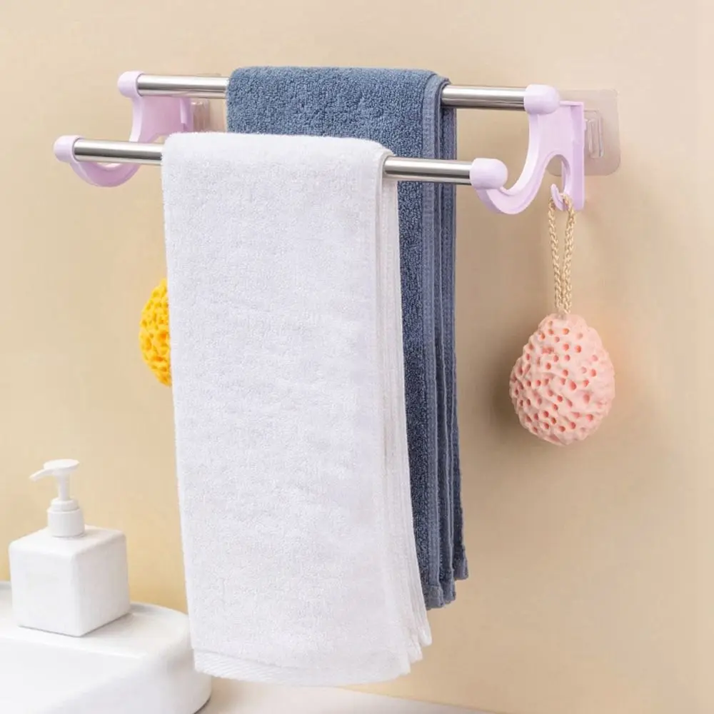 Punch-free Double Rod Towel Bar Traceless Wall Mounted Towel Rack Stainless Steel Space Saving Towel Storage Shelf for Bathroom