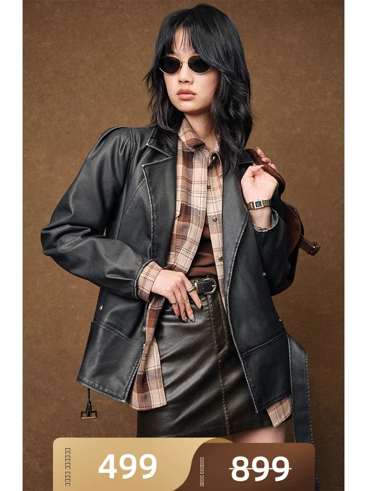 

Meiyang Special Offer Biker Jaet Double Row Buttons adient Dyeing Leather Coat Street Sle Long Sve Regular Fit