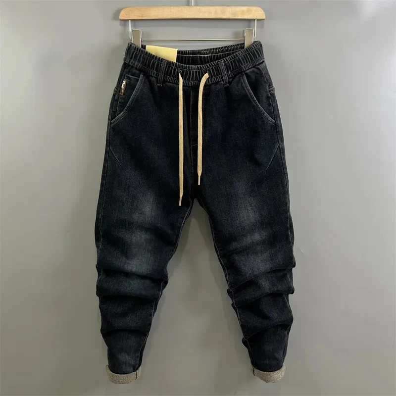 

Men's Jeans Joggers Autumn Winter Thickening Warmth Drawstring Casual Pants Korean Sweatpants Black Denim Trousers Men Clothing