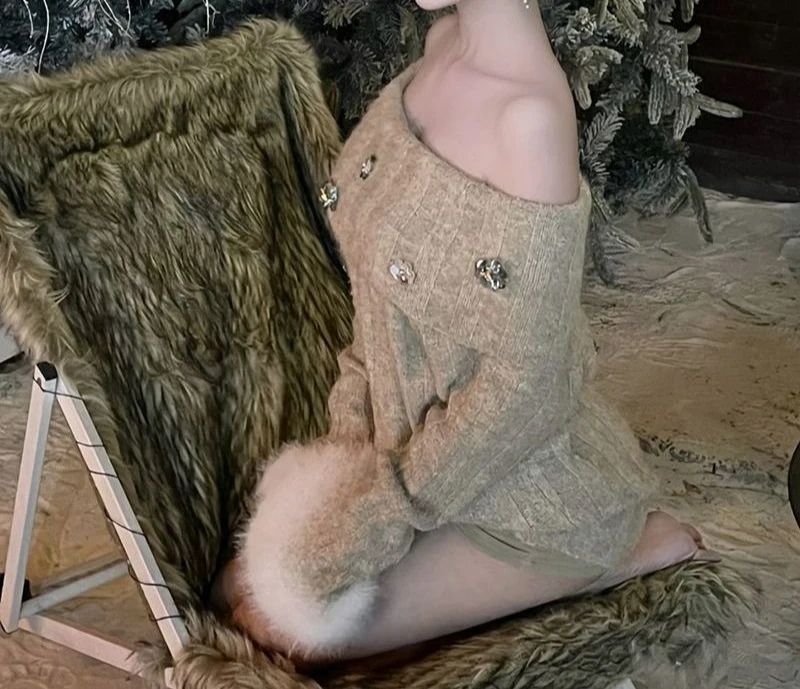 

Christmas Vibe Shoulder Flower Sequined Pullover Knitted Sweater Women's Winter Fluffy Cuff Loose Top